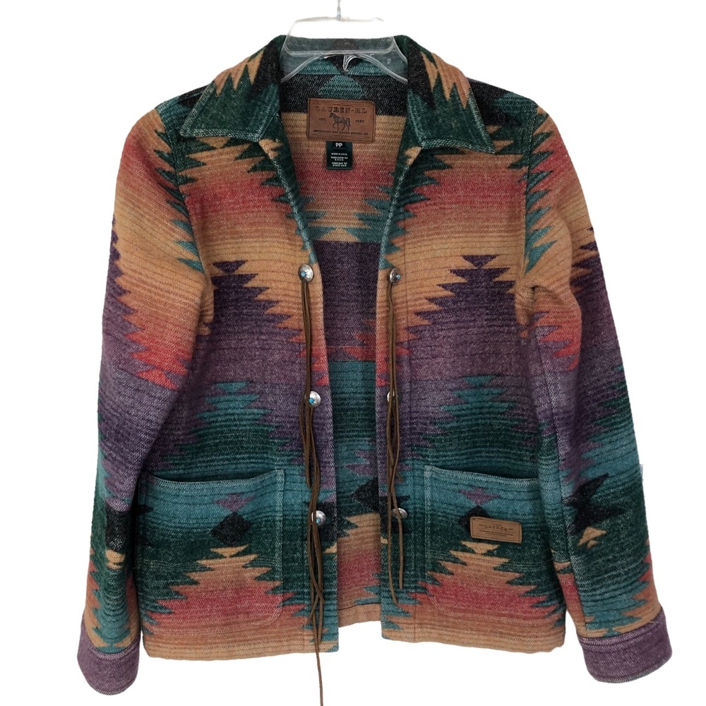 Ralph Lauren USA Made Southwestern Aztec Indian Wool Jacket Vintage Concho Small